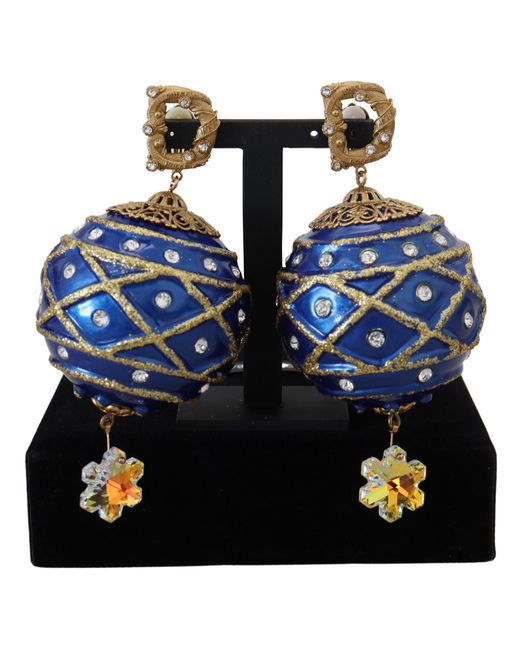 Dolce & Gabbana Blue Elegant Dangling Crystal Christmas Ball Earrings
