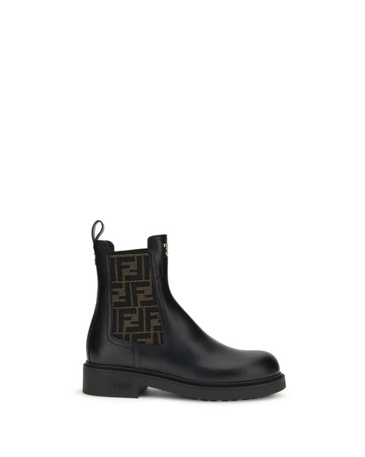 Fendi Black Ff Leather And Fabric Ankle Boots Calf Bos Taurus