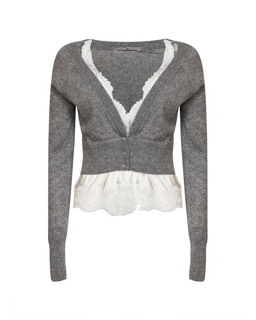 Ermanno Scervino Gray Cashmere Cropped Cardigan With Satin And Lace Insert