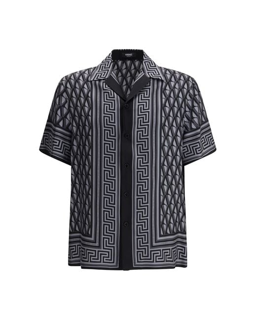 Versace Gray Silk Shirt With V Greca Print for men