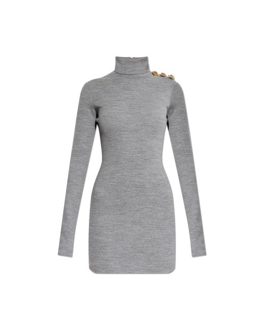 Balmain Gray Dress With A Stand-Up Collar