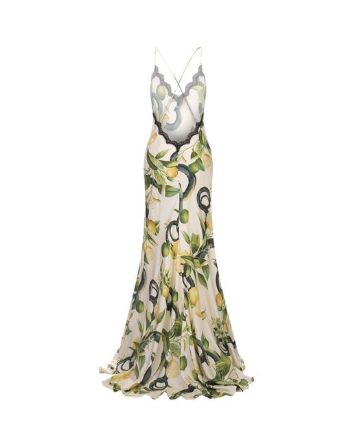 Roberto Cavalli Metallic Ivory Long Petticoat Dress With Lemons Print