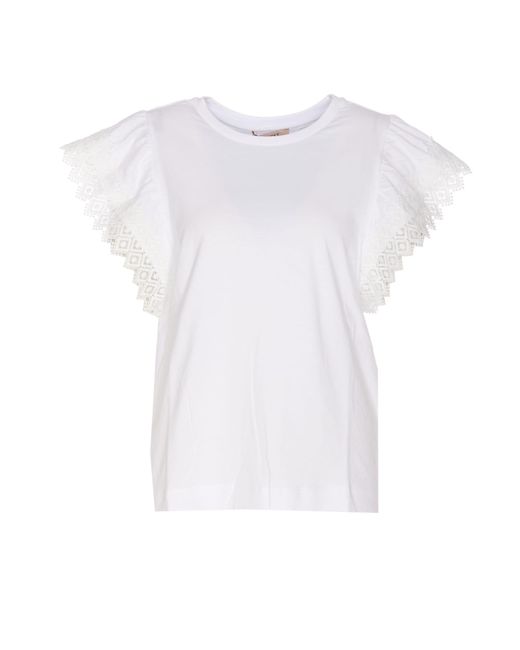 Twin Set White T-Shirt With Macrame Sleeves
