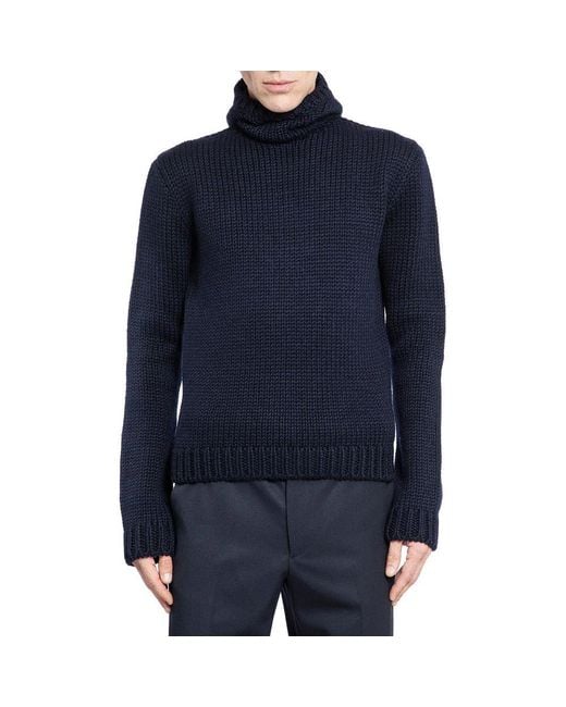 Prada Blue Wool Hooded Sweater for men