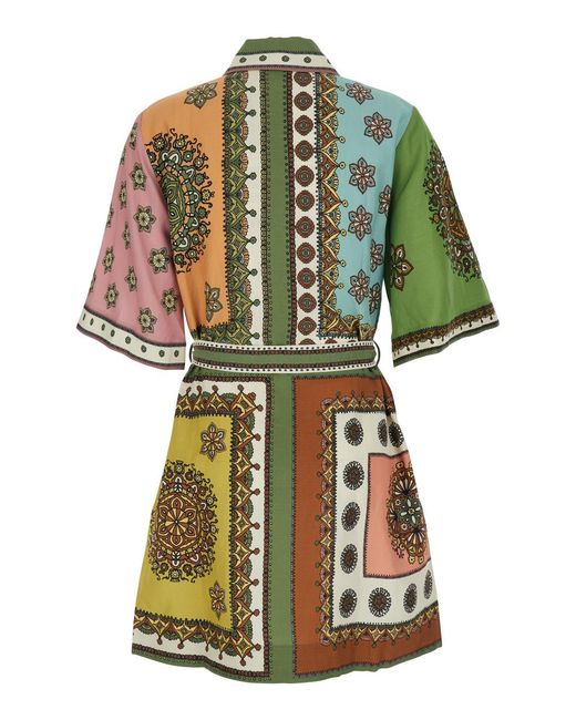 ALÉMAIS Green Mini Dress Contina With Front Belt And All-Over Print