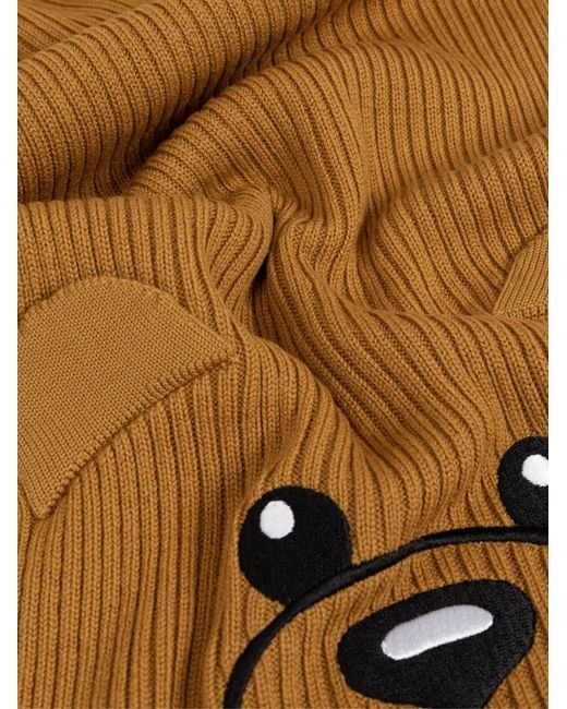 Moschino Brown Teddy Bear Embroidered Knitted Scarf
