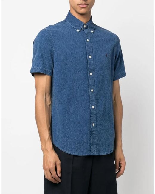 Polo Ralph Lauren Blue Seersucker Logo Short Sleeve Shirt Clothing Polo & T-Shirts for men