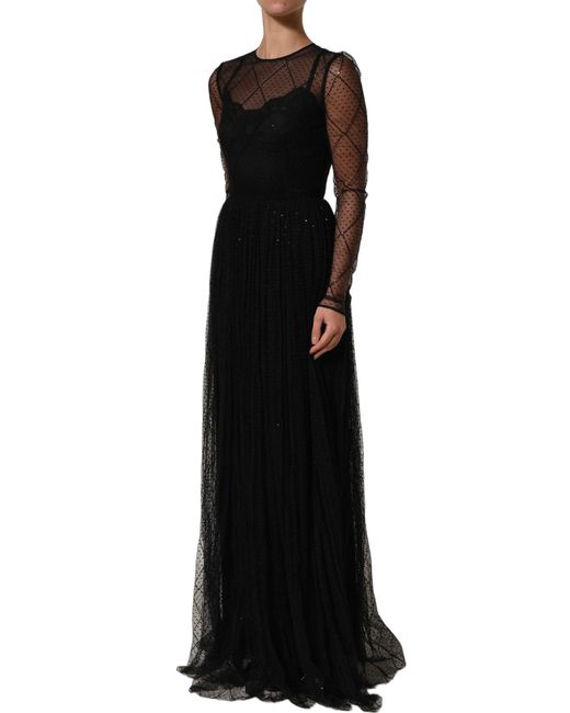 Dolce & Gabbana Black Mesh Lace Long Sleeved Maxi Gown Dress