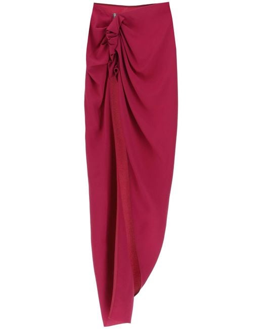 Rick Owens Red Draped Skirt With Slit And Train