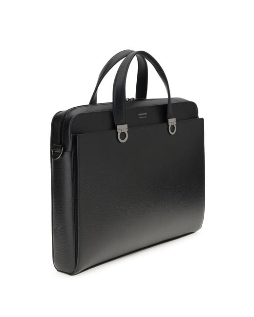 Ferragamo Black Briefcase Gancini Calf Leather Laptop Bags & Briefcases for men