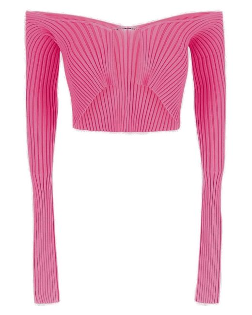 Jacquemus Pink Logo Plaque Cropped Long Sleeve Top
