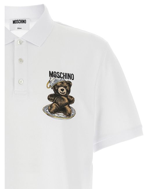 Moschino White Piqué Cotton Polo Shirt With Logo Print for men
