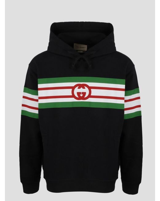 Gucci Striped Print And gg Logo Hoodie in Black for Men | Lyst