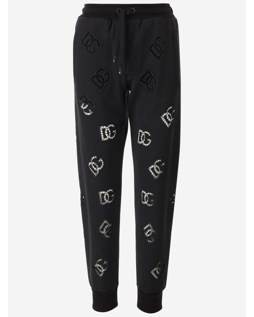 Dolce & Gabbana Black Cotton Blend Jersey Pants With Cut Out Embroidery