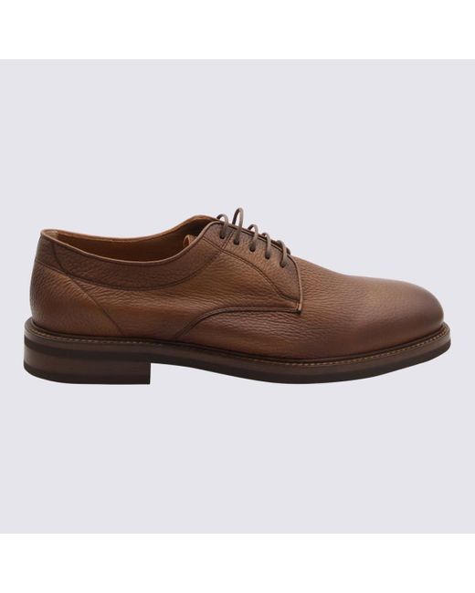 Brunello Cucinelli Brown Cognac Leather Lace Up Shoes for men