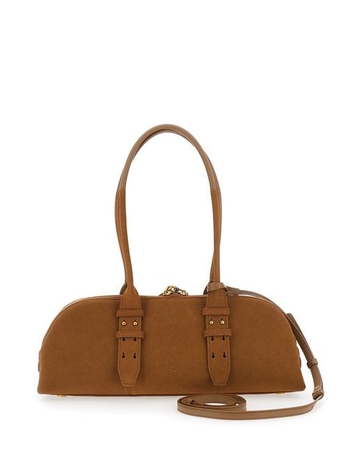 Pinko Brown Shoulder Bag Bowling Horizontal Suede Leather