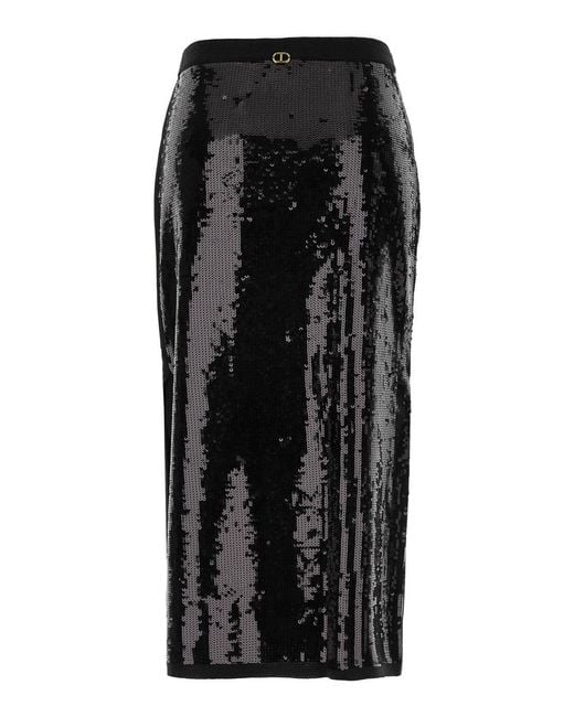 Twinset Black Midi Skirt With Sequins All-Over