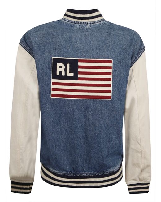 Ralph Lauren Blue Contrast Stripe-trim Denim And Cotton-canvas Bomber Jacket X