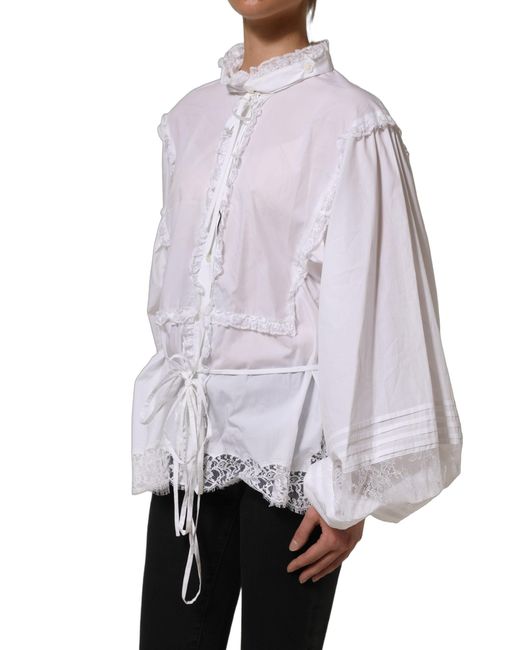 Dolce & Gabbana Blue White Ruffled Lace Embellished Blouse Top
