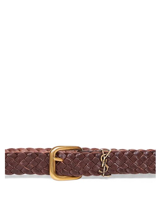 Saint Laurent White Burnt Chocolate Woven Leather Cassandre Belt for men