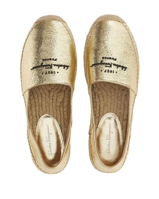 Ferragamo Natural Logo-Embroidered Metallic Espadrilles