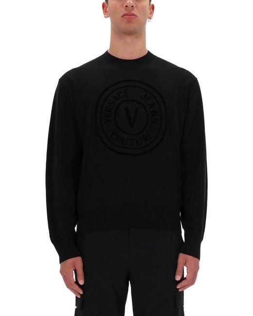 Versace Jeans Couture Black Jersey With V-Emblem Acrylic Jumpers for men