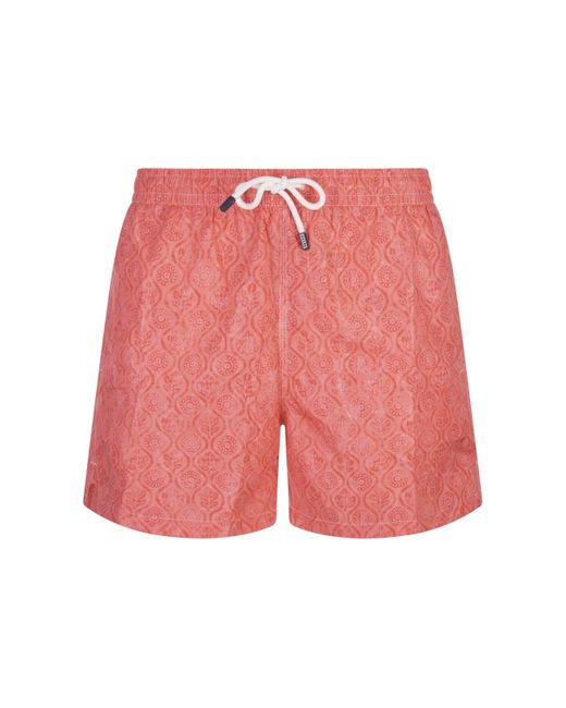 Fedeli Red Swim Shorts With Flower And Leaf Pattern for men