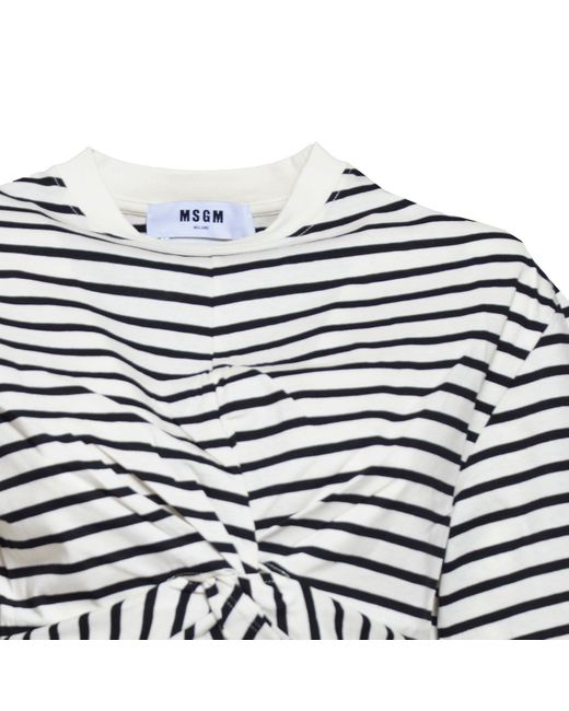 MSGM White Twist-Detailed Striped Cropped T-Shirt