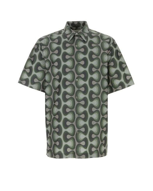 Dries Van Noten Green Short-sleeved Geometric Printed Shirt for men