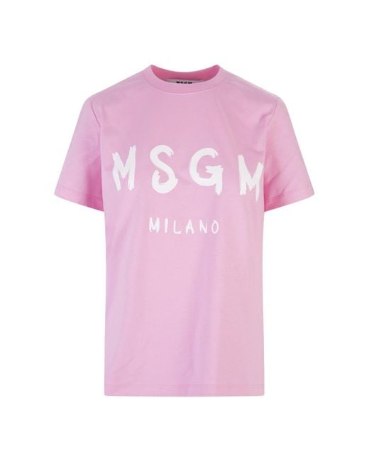 MSGM Cotton Pink T-shirt With White Brushed Logo | Lyst