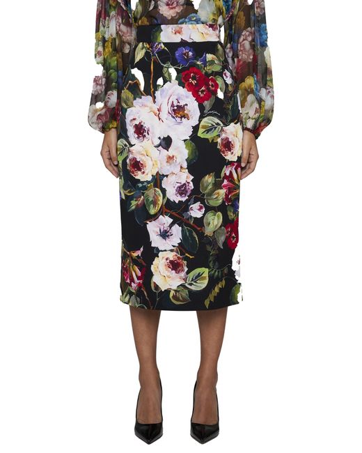 Dolce & Gabbana Multicolor Charmeuse Calf-Length Skirt With Rose Garden