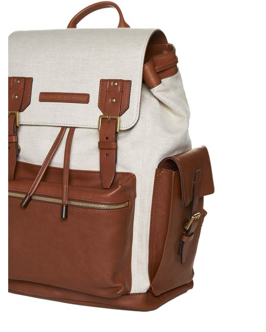 Brunello Cucinelli Brown Canvas And Leather Backpack for men