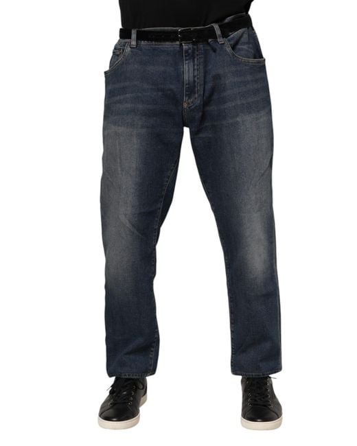 Dolce & Gabbana Blue Cotton Logo Plaque Slim Denim Jeans for men