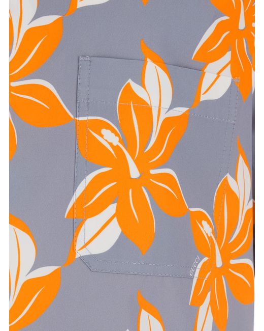 Gucci Orange Bowling Shirt With Cuban Collar And All-Over Floral Print for men