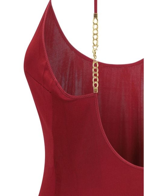 Saint Laurent Red Backless Knit Dress With Cassandre Chain Viscose; Elastane