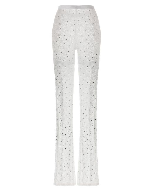 Alessandra Rich White Rhinestone-Embellished Lace Leggings With Flared Silhouette