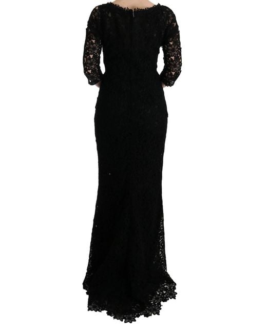 Dolce & Gabbana Black Lace Long Dress Slim Fit Round Neck