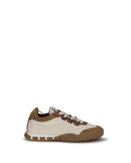 Miu Miu Metallic Fabric And Suede Sneakers Ivory-Caramel Upper Polyamide Trainers