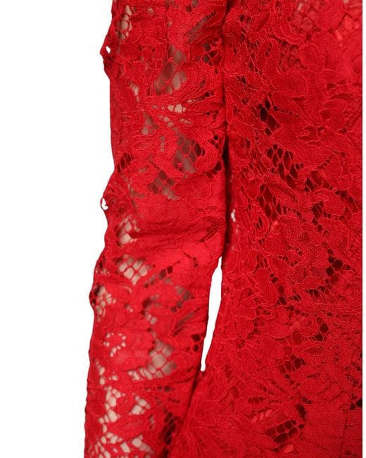 Dolce & Gabbana Red Lace Floral Embroidery Long Sleeves Top