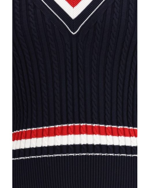 Thom Browne Blue Intarsia Cable-Knit V-Neck Sweater Cotton for men