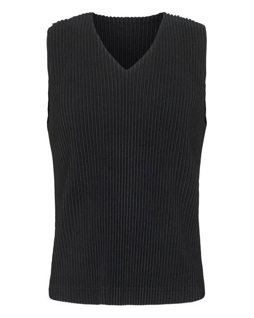 Homme Plissé Issey Miyake Black Pleated V-Necked Top for men