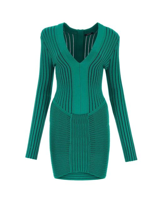 Balmain Green Ribbed V-neck Mini Dress