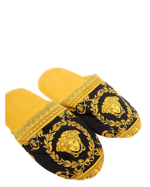 Versace Yellow House Slippers Baroque Print Cotton