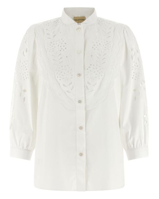 Valentino Garavani White Shirt Embroidered Sangallo Cotton Shirt, Blouse