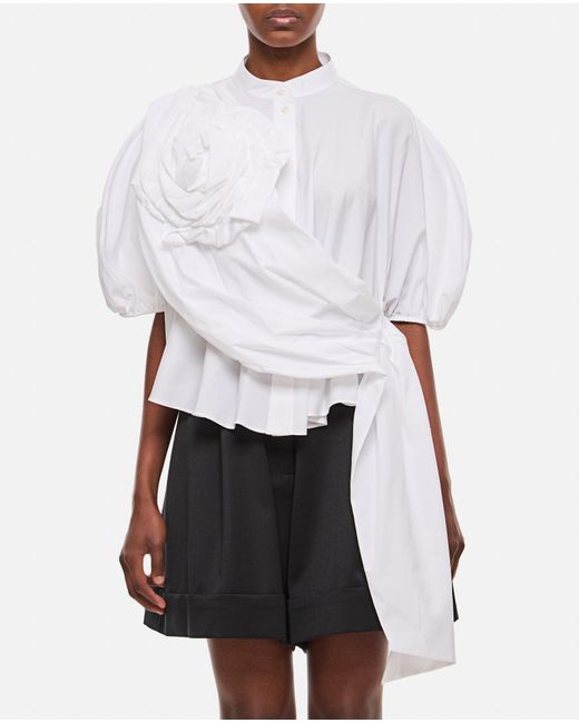 Simone Rocha White Cropped Puff Sleeve Shirt W/ Rose Sash