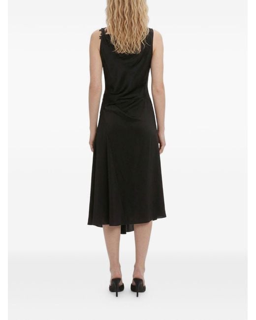 Victoria Beckham Black Crepe Back Satin Midi Dress With Draping And Tone-On-Tone Lace Inserts