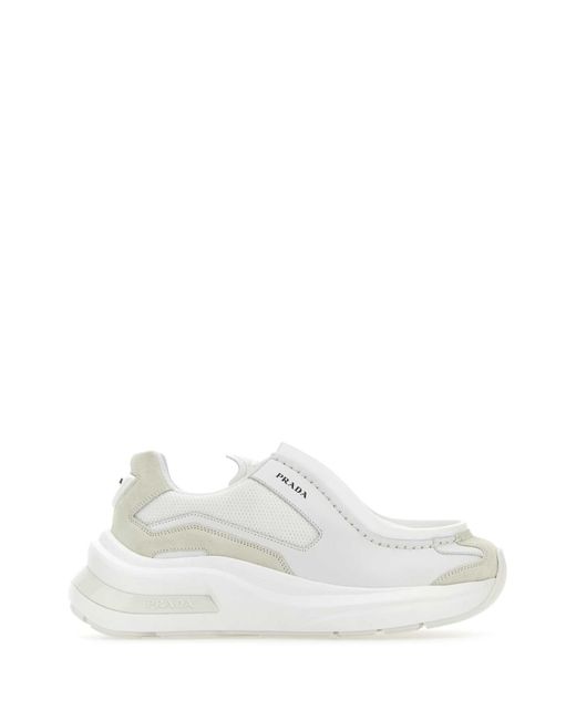 Prada White Systeme Brushed Leather Sneakers With Bike Fabric And Suede Elements for men