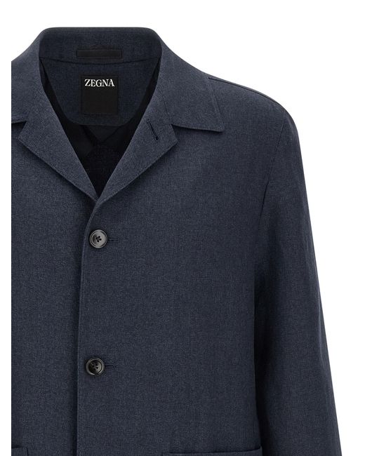 Zegna Blue Linen Full-Length Jacket for men
