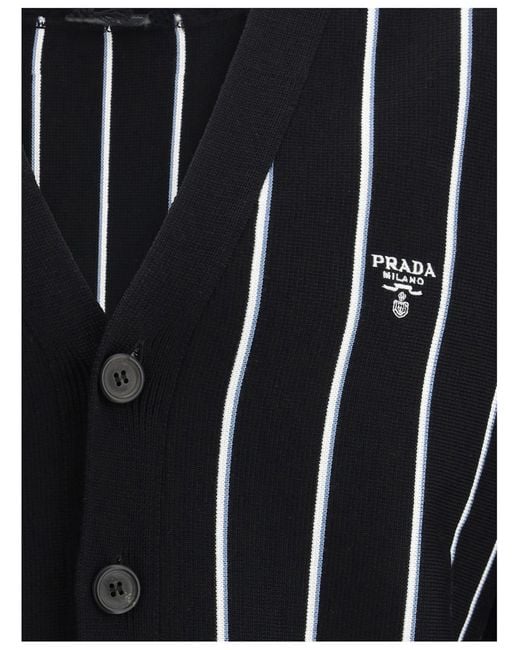 Prada Black Wool Striped Cardigan for men