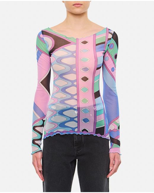 Emilio Pucci Blue Long Sleeve Tulle T-Shirt